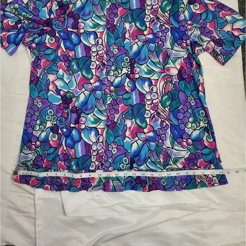 VINTAGE 80s blouse grapes‎ fruit print short sleeve blouse top XL